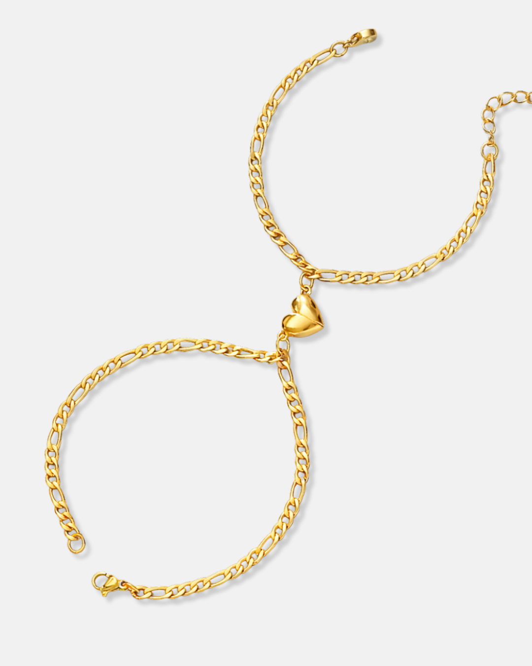 Magnetic Heart Cuban Chain Bracelet Set, 2 Pieces, Gold-Tone