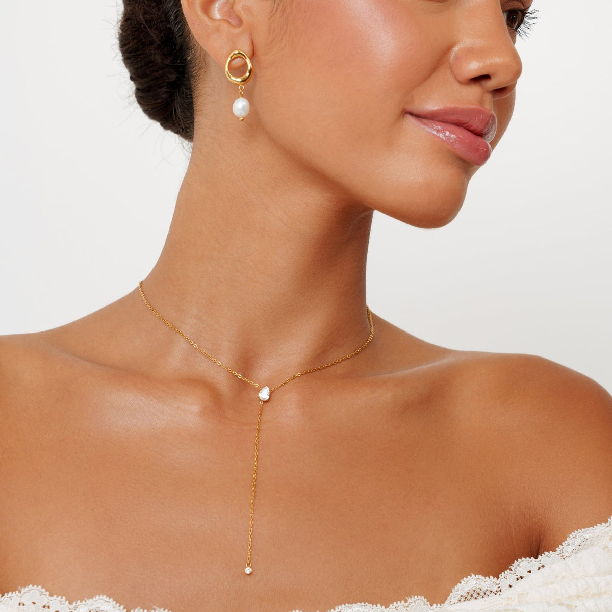 White Cubic Zirconia Y Lariat Necklace, Steel