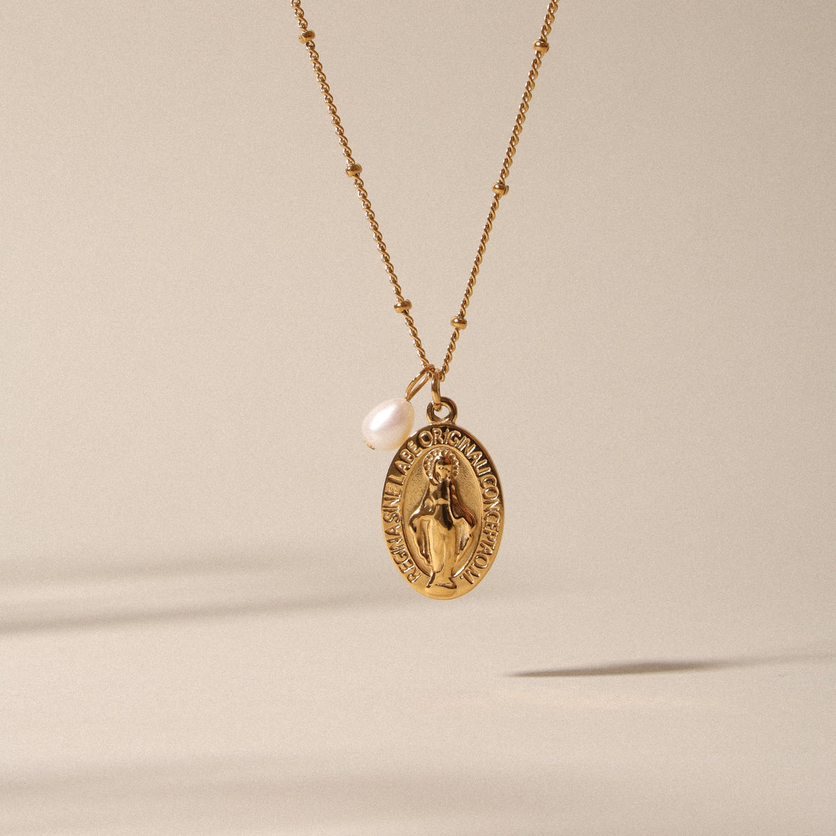 Oval Devotional Medal and Pearl Necklace — Faith