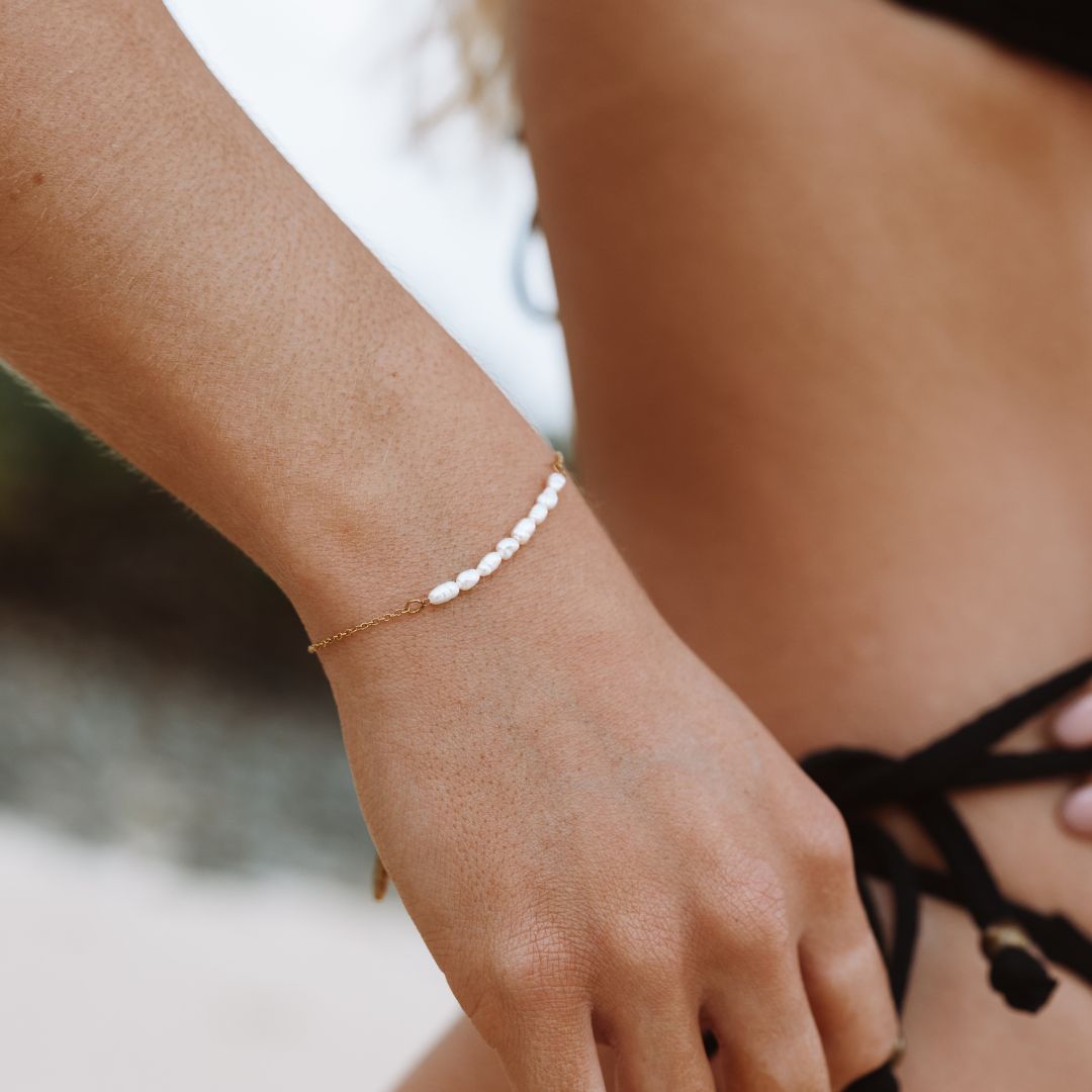Mini Pearl Chain Bracelet, 15–18 cm, Gold PVD Steel