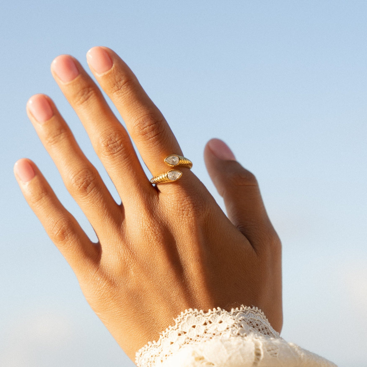 Two Pear Zircon Open Ring, Steel — Naya