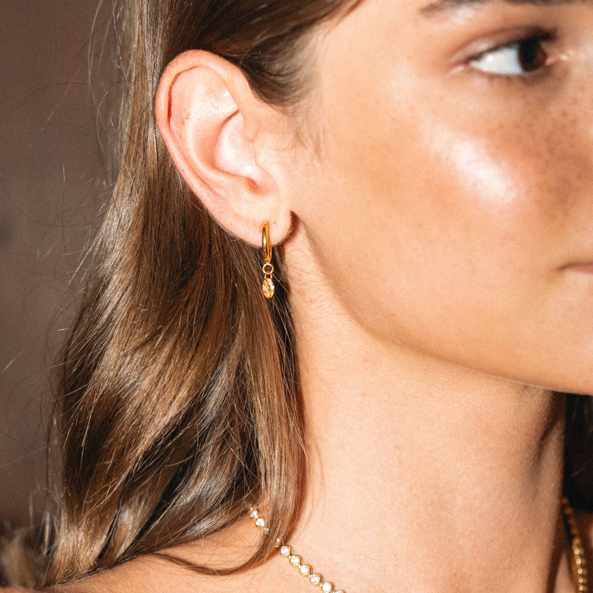 Oval Rose-Tone Stone Drop Hoop Earrings