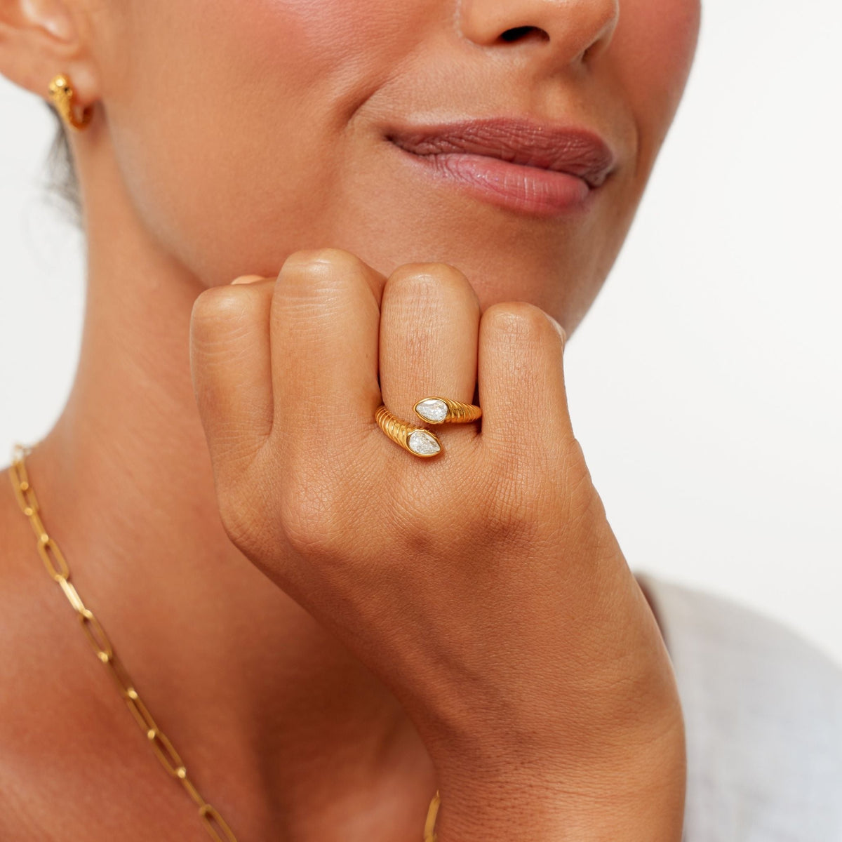 Two Pear Zircon Open Ring, Steel — Naya