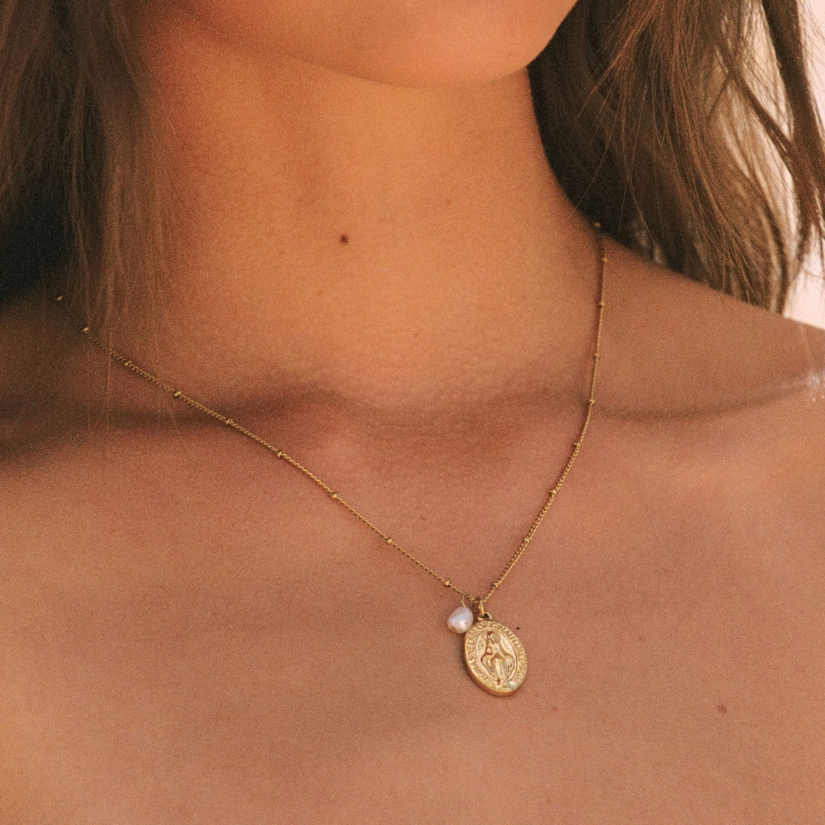 Oval Devotional Medal and Pearl Necklace — Faith