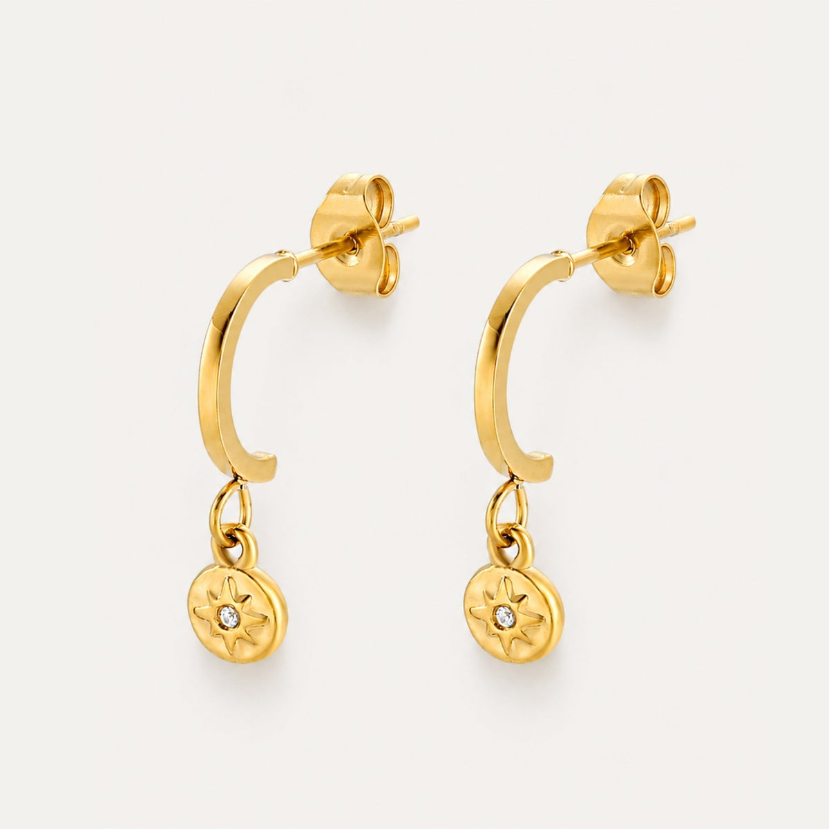 North Star Charm Earrings, White Zircon, Gold PVD Steel
