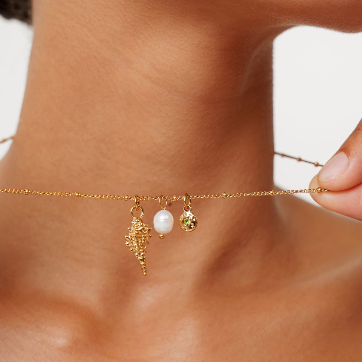 Shell, Pearl and Green Charm Necklace — Ocean