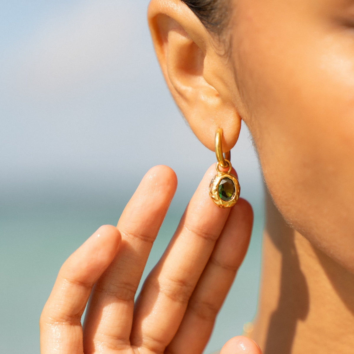 Oval Green Zircon Drop Hoop Earrings — Olive