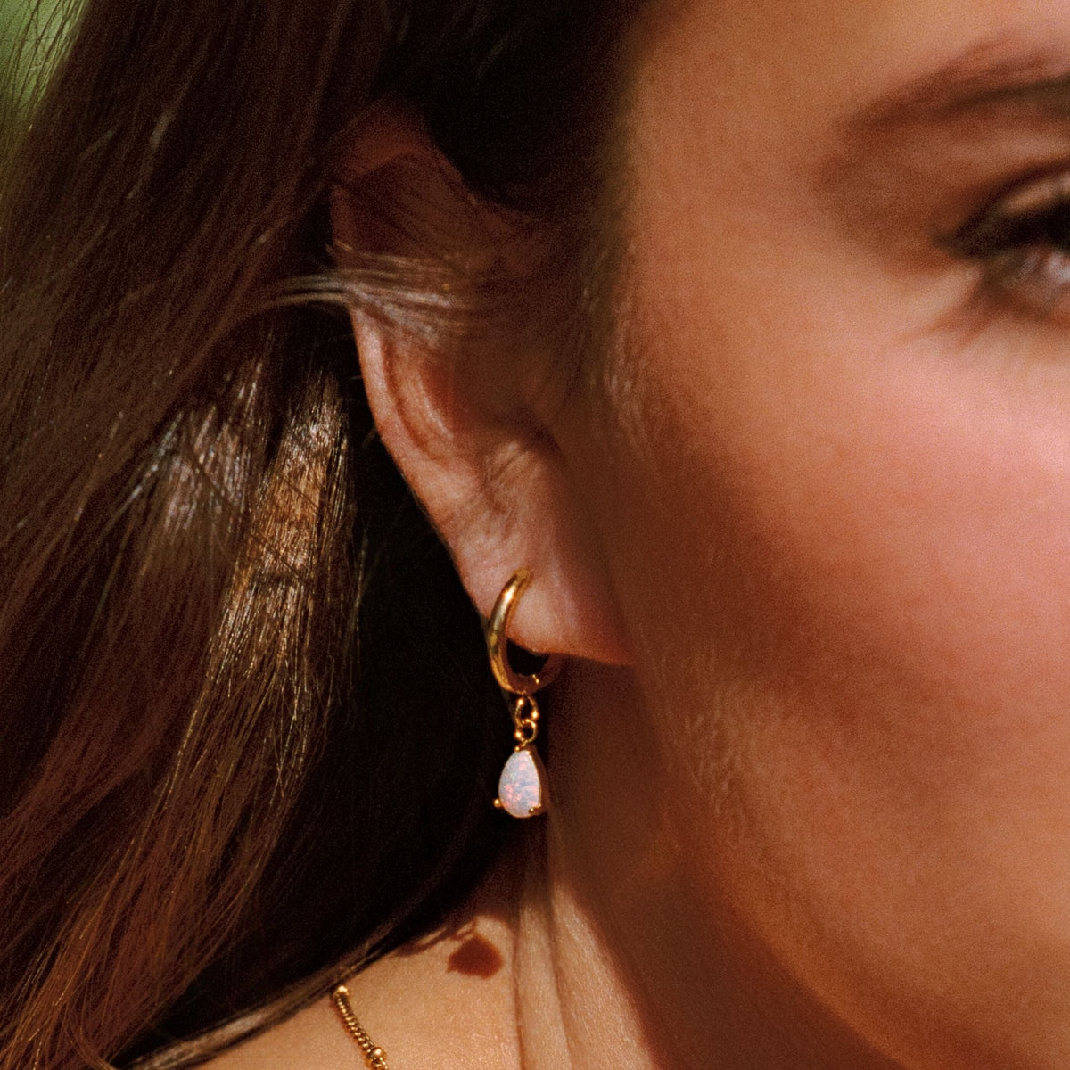 Opal Teardrop Huggie Hoop Earrings, Steel