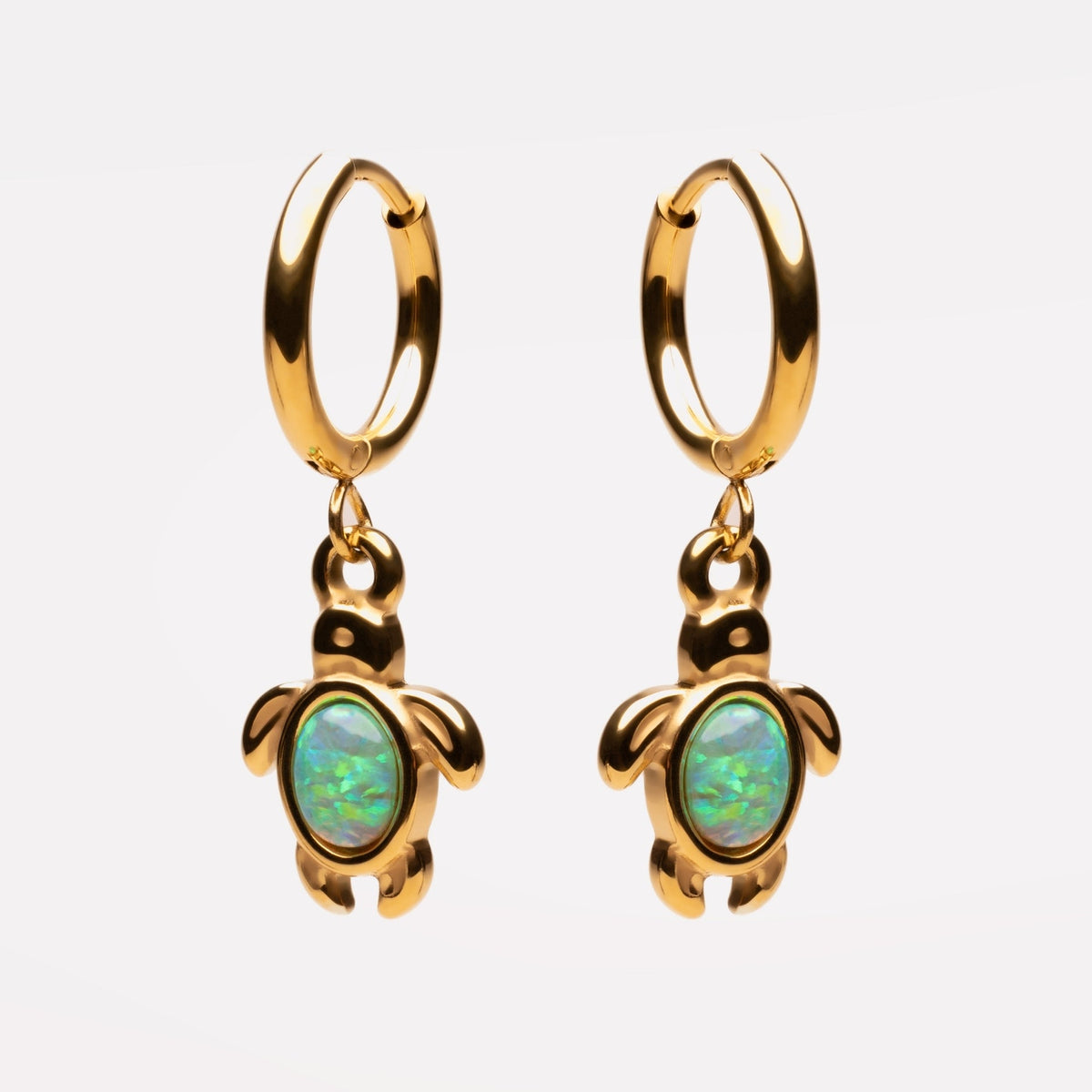 Opal Sea Turtle Charm Hoop Earrings, Gold PVD Steel