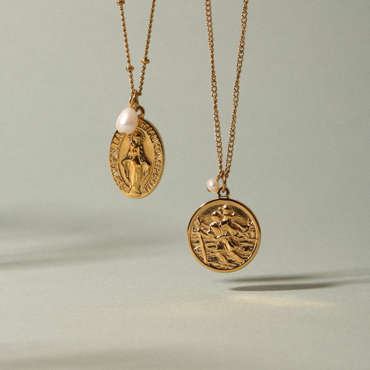 Saint Christopher Coin Necklace with Pearl
