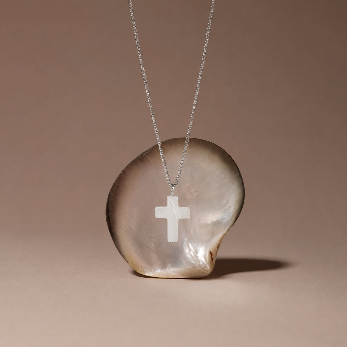 Mother-of-Pearl Cross Necklace, Stainless Steel