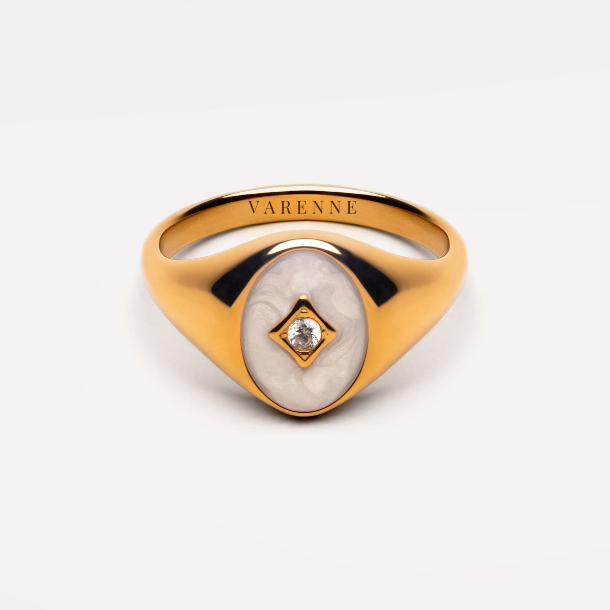 White Enamel and Zircon Signet Ring, Gold PVD Steel — Polar