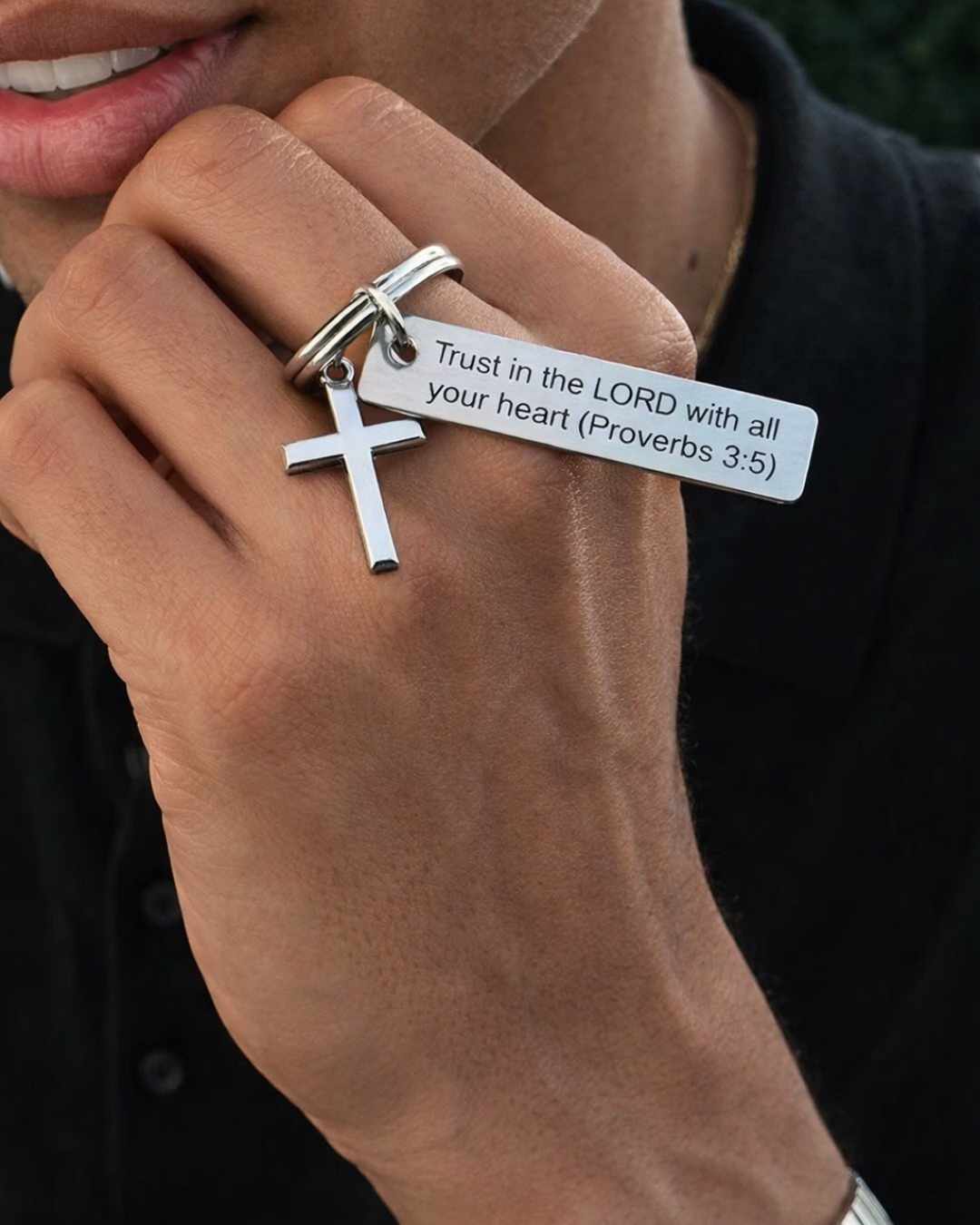 Proverbs 3:5 Scripture Keychain with Cross Charm, Silver-Tone