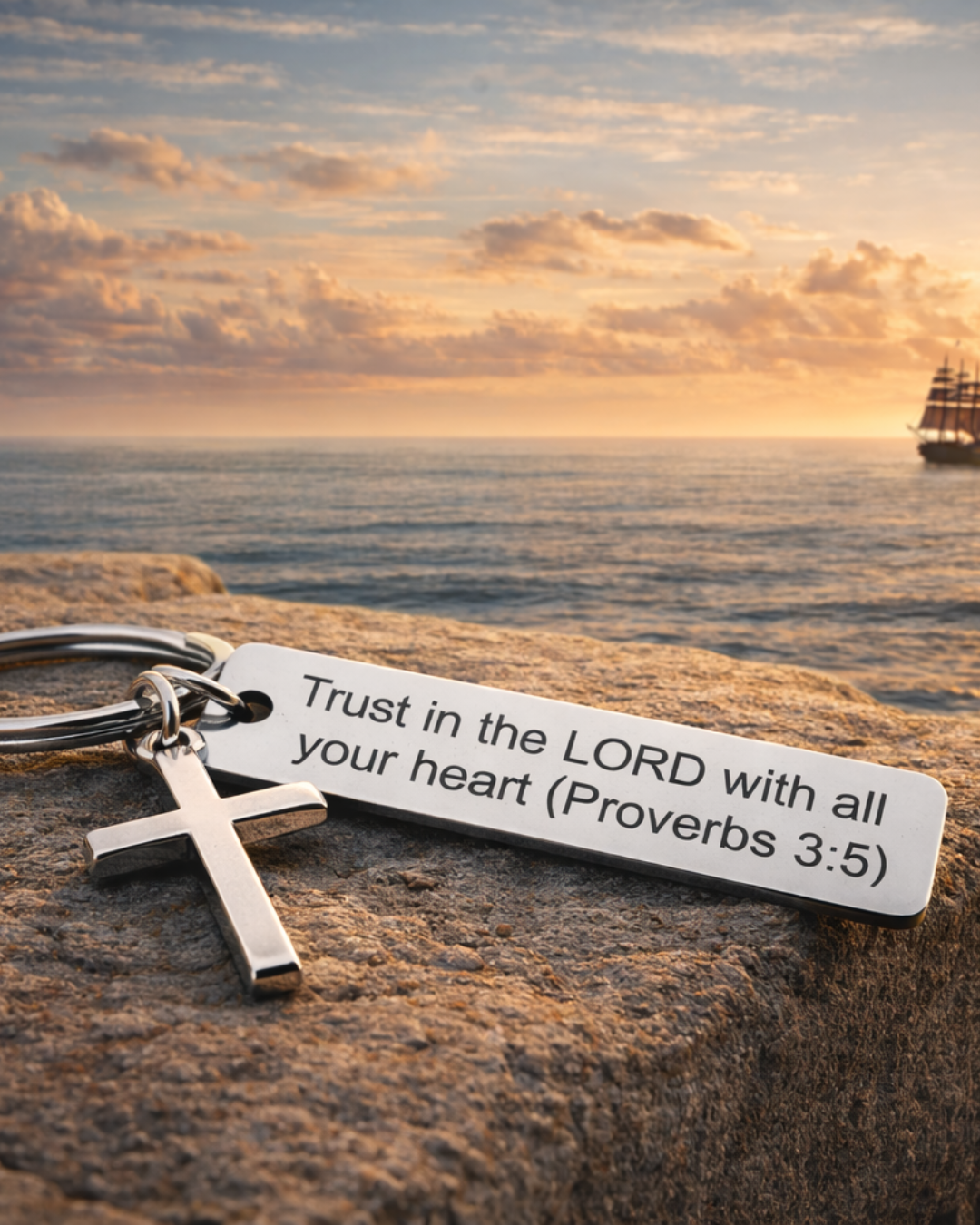 Proverbs 3:5 Scripture Keychain with Cross Charm, Silver-Tone