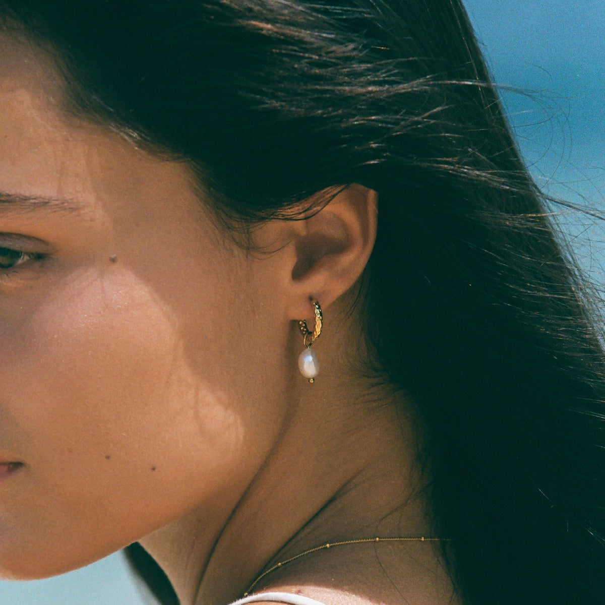 Hammered Pearl Hoop Earrings, 12 mm