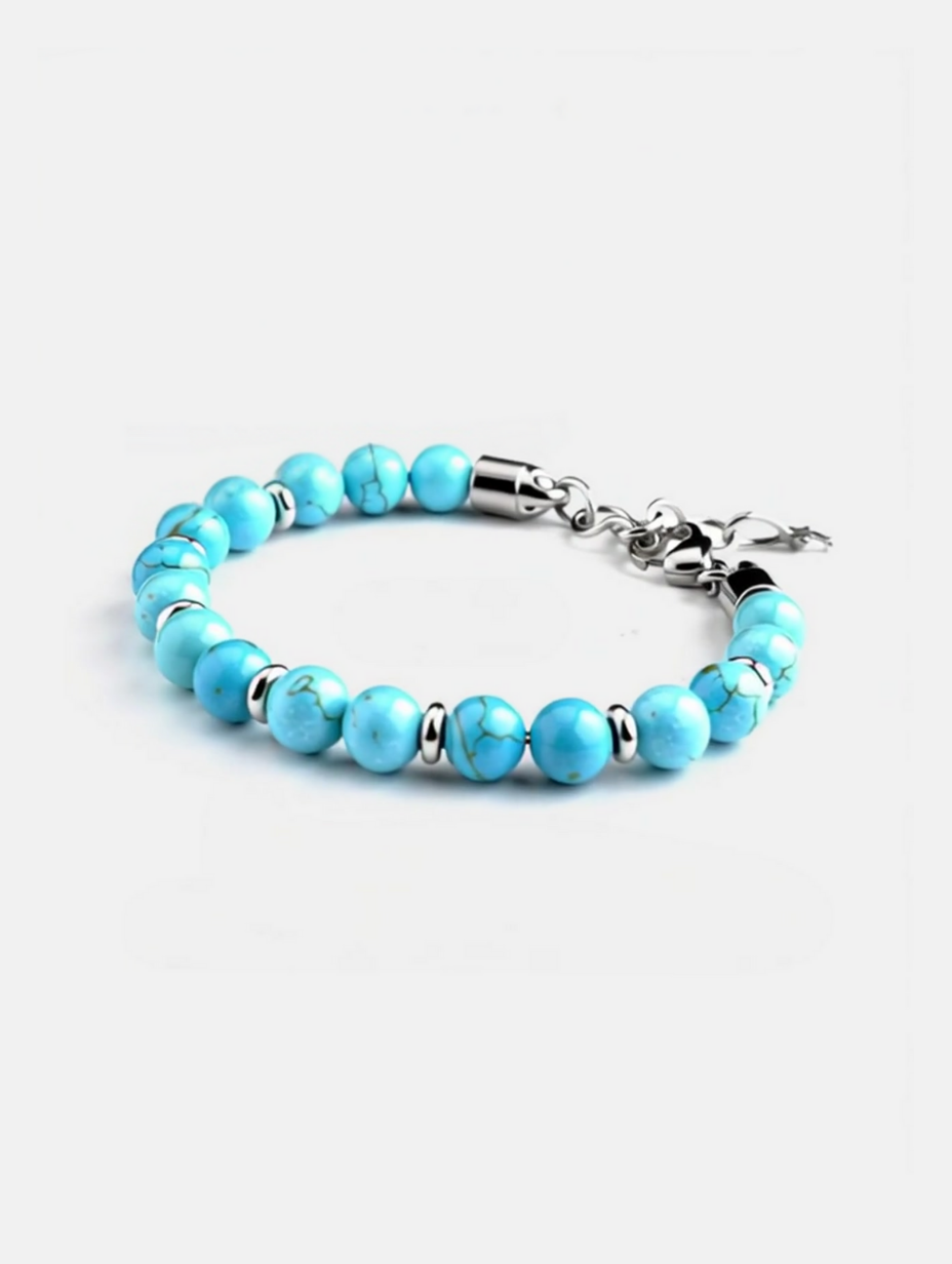 Men’s Turquoise Bead Bracelet, 8 mm, Stainless Steel Clasp