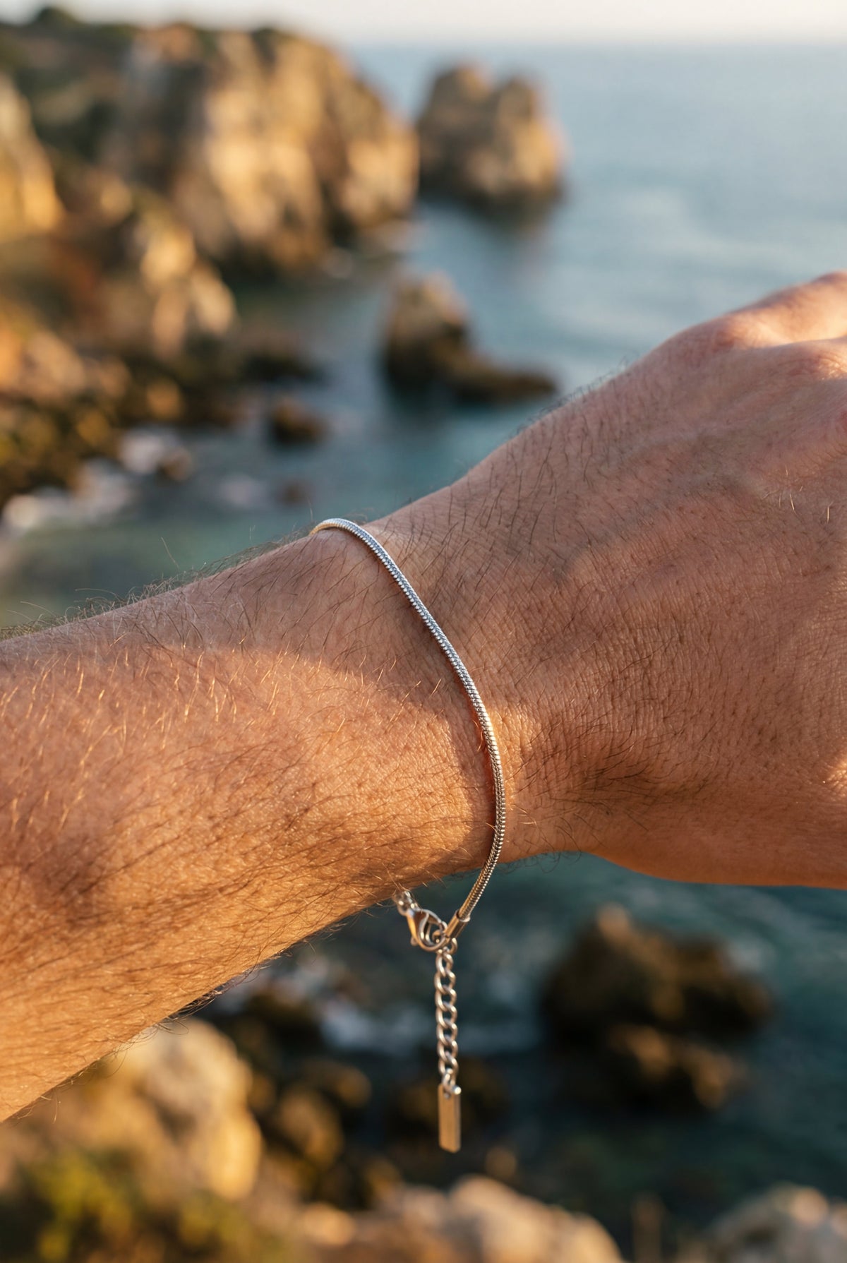 Snake Chain Bracelet, 2 mm, Silver-Plated Steel, Adjustable