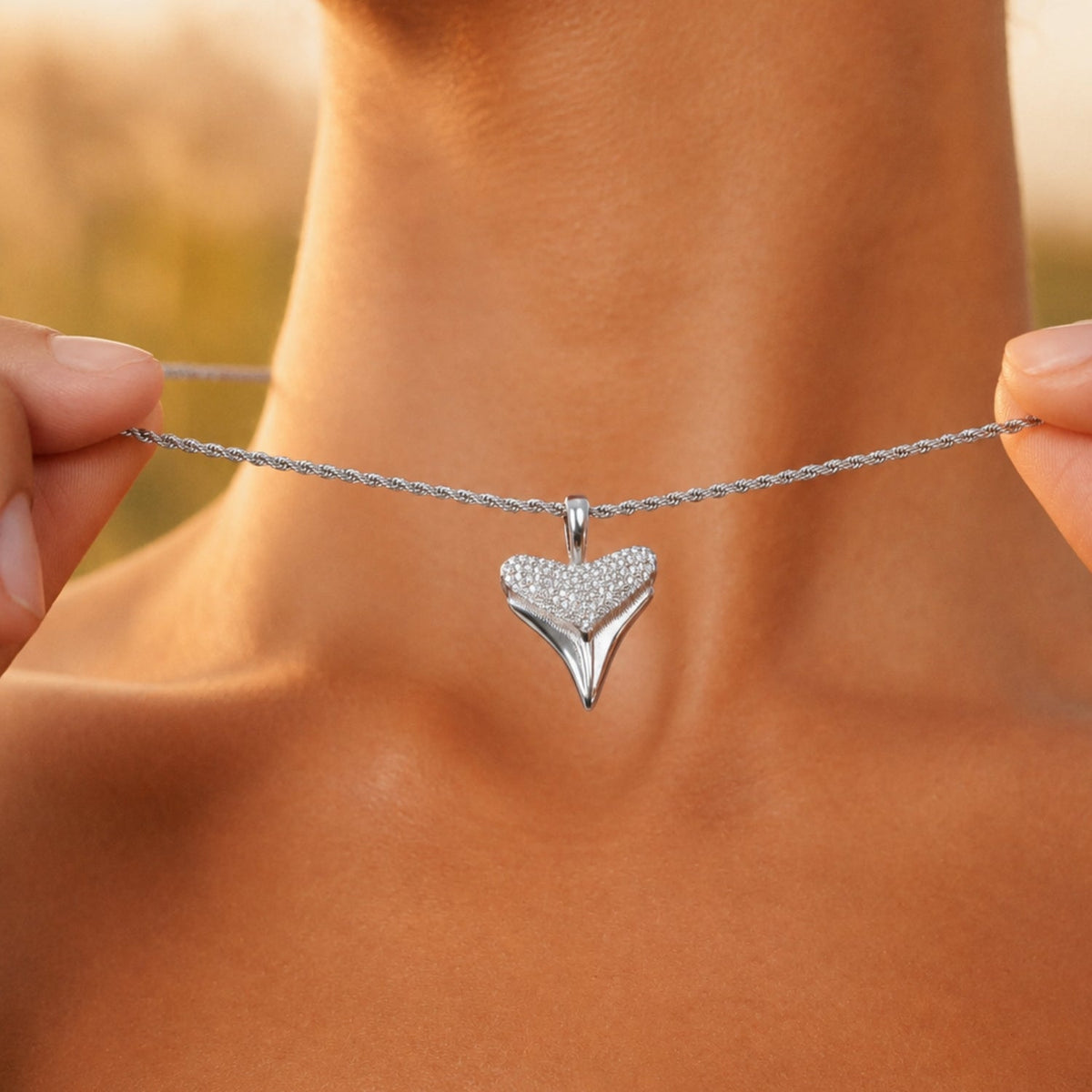 Zircon Shark Tooth Pendant Necklace, 18 mm