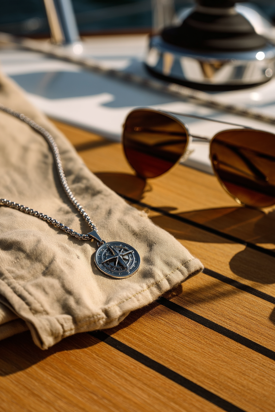 Men’s Compass Pendant Necklace, Platinum-Plated Steel