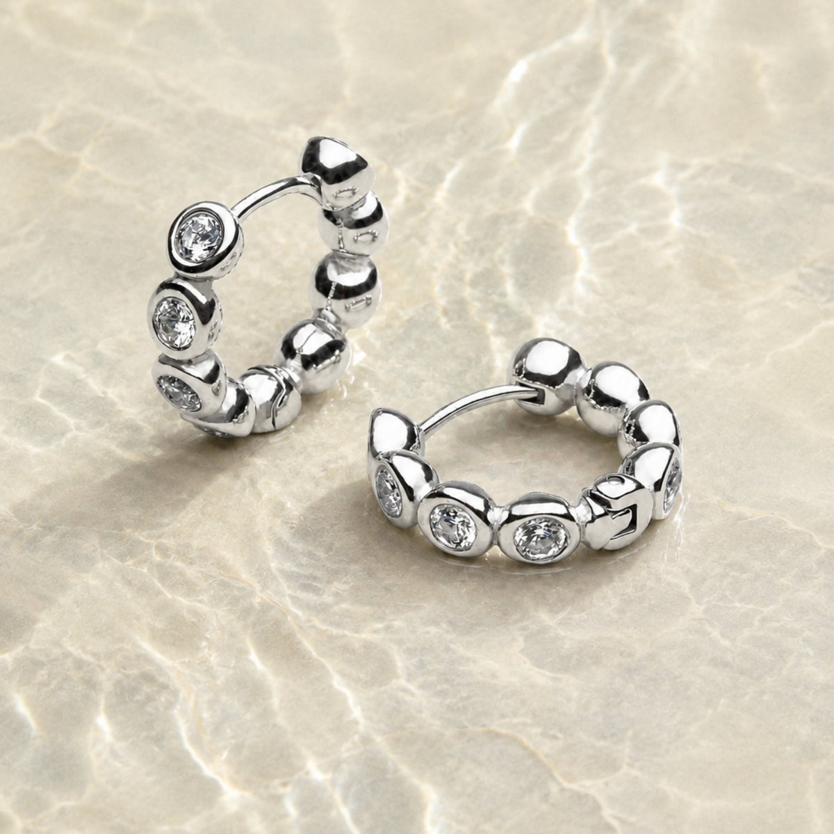 Beaded White Stone Huggie Earrings, 10 mm