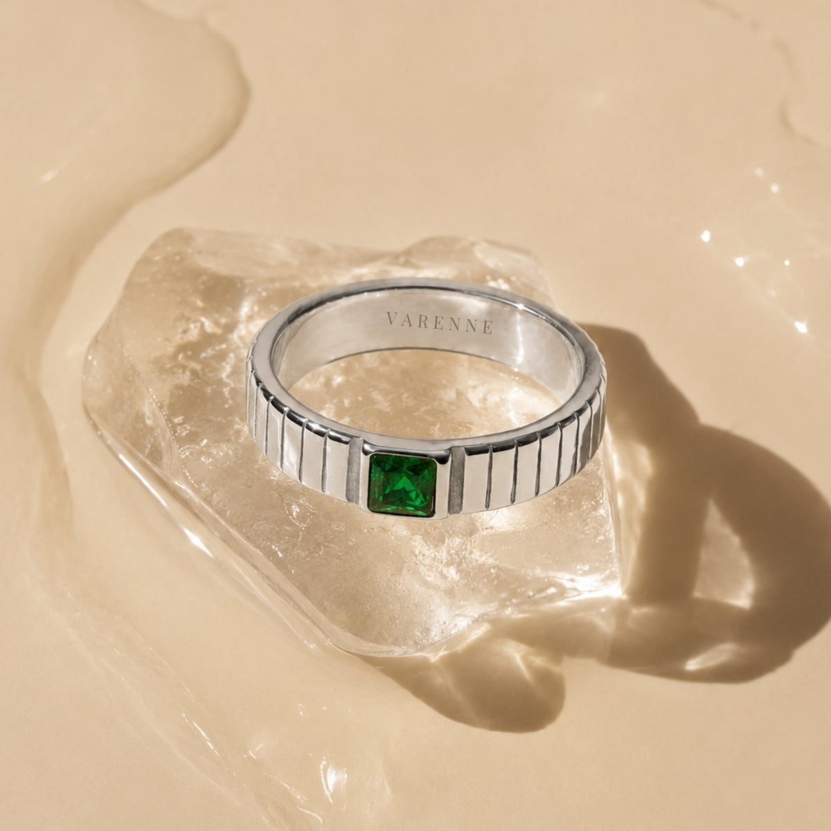 Green Zirconia Ribbed Band Ring, Stainless Steel