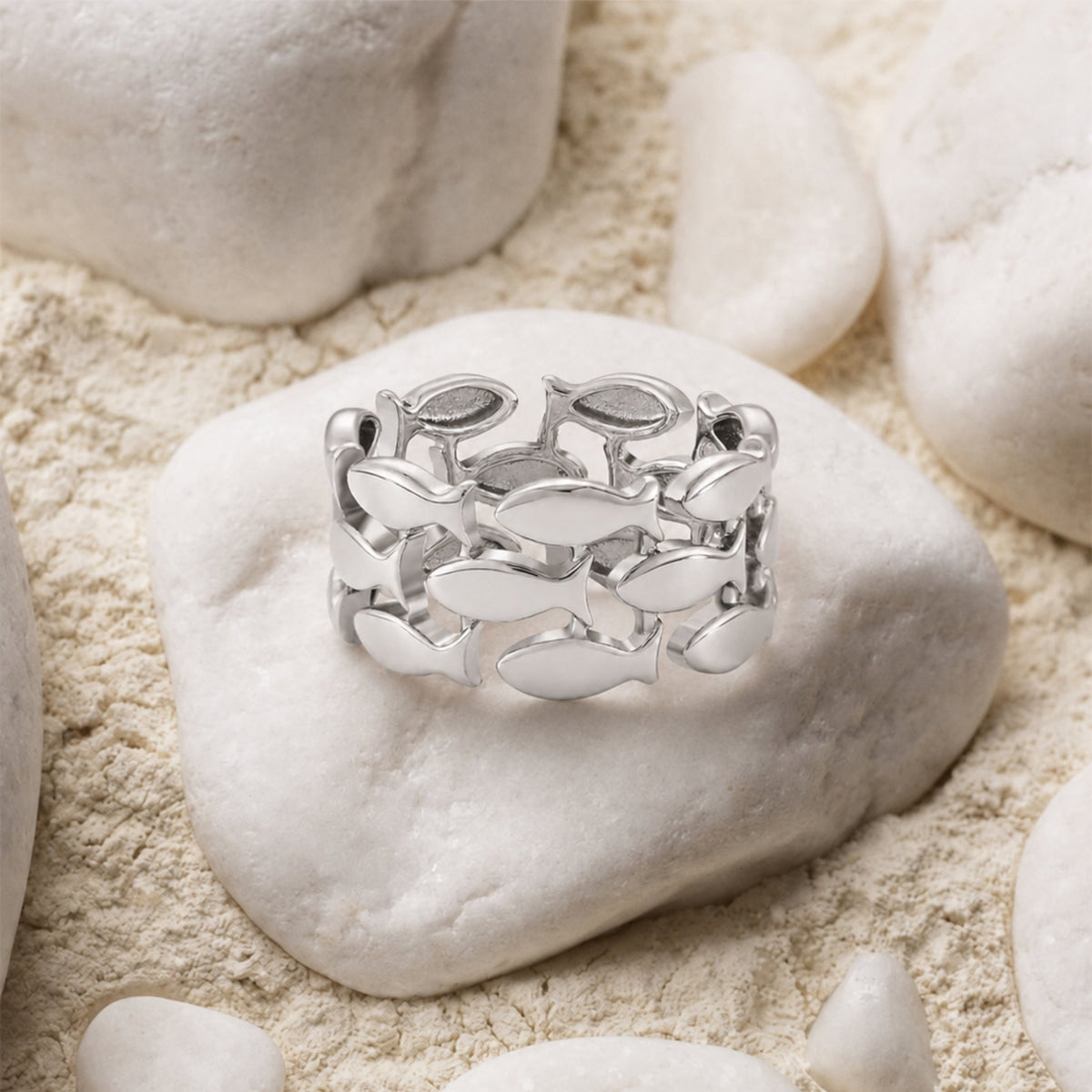 Openwork Fish Band Ring, 10 mm, Steel