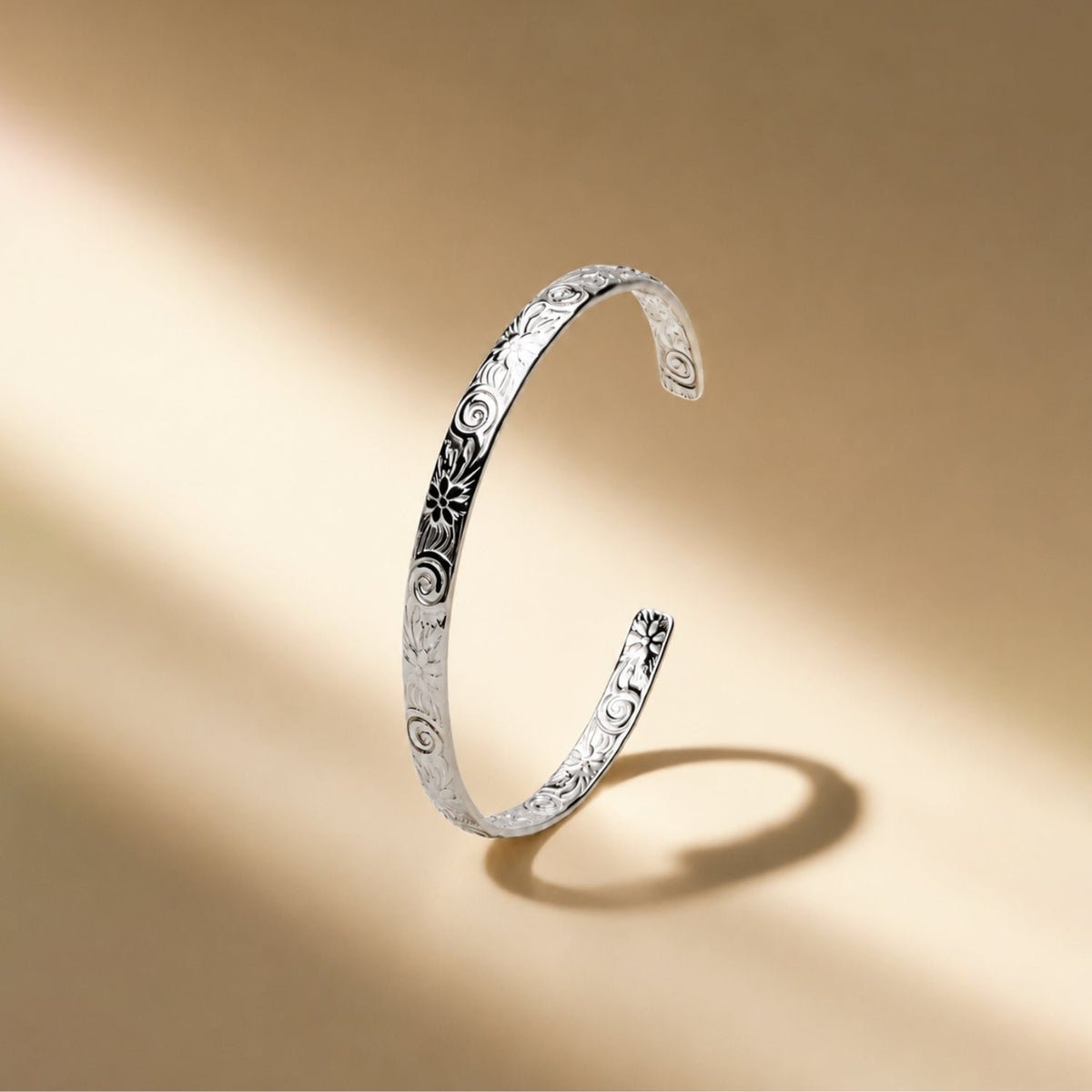 Floral Engraved Open Cuff Bracelet, Steel — Flora
