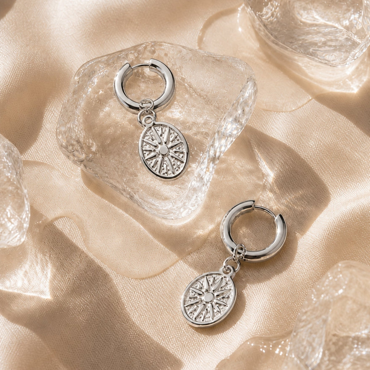 Sun Disc Charm Hoop Earrings, 8 mm
