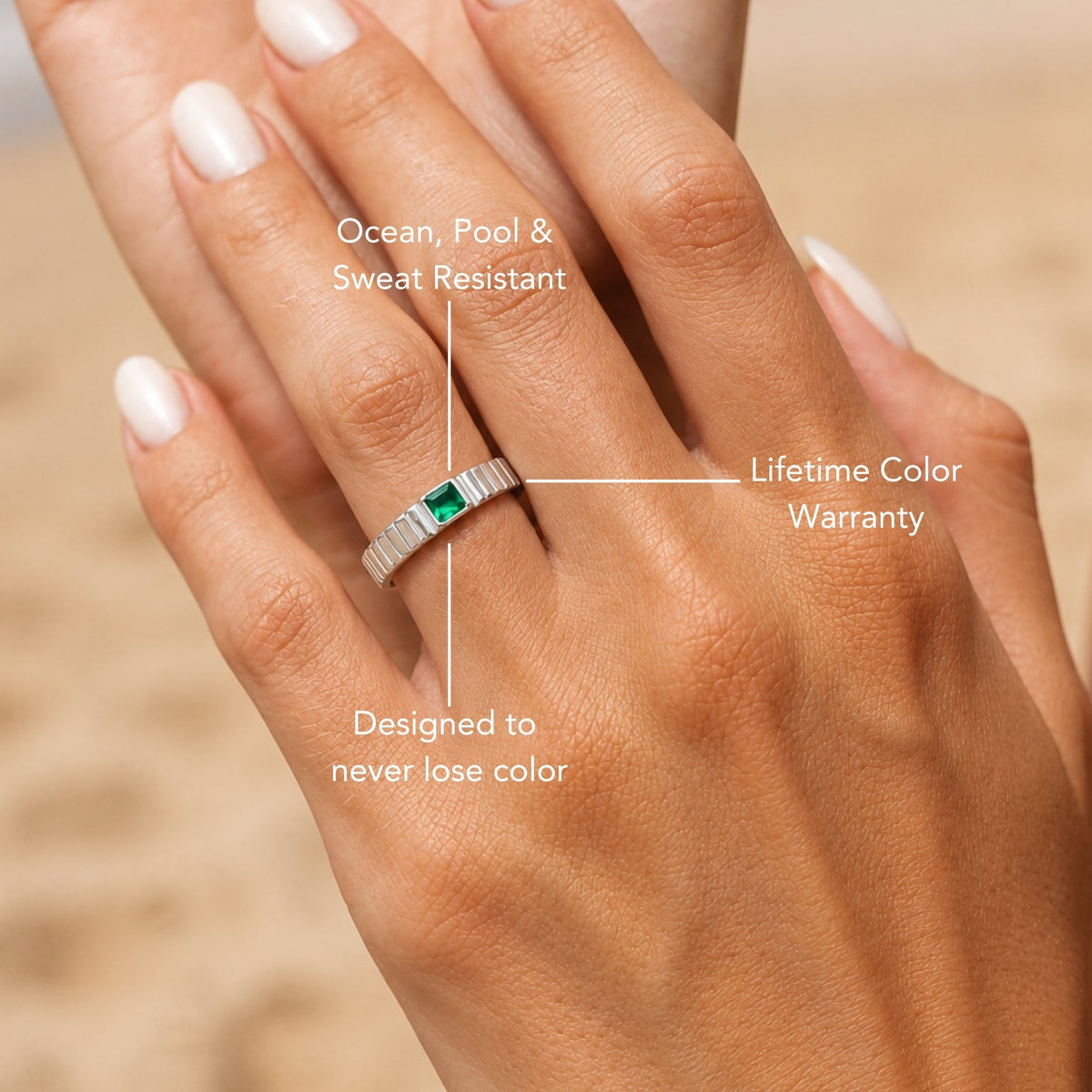Green Zirconia Ribbed Band Ring, Stainless Steel