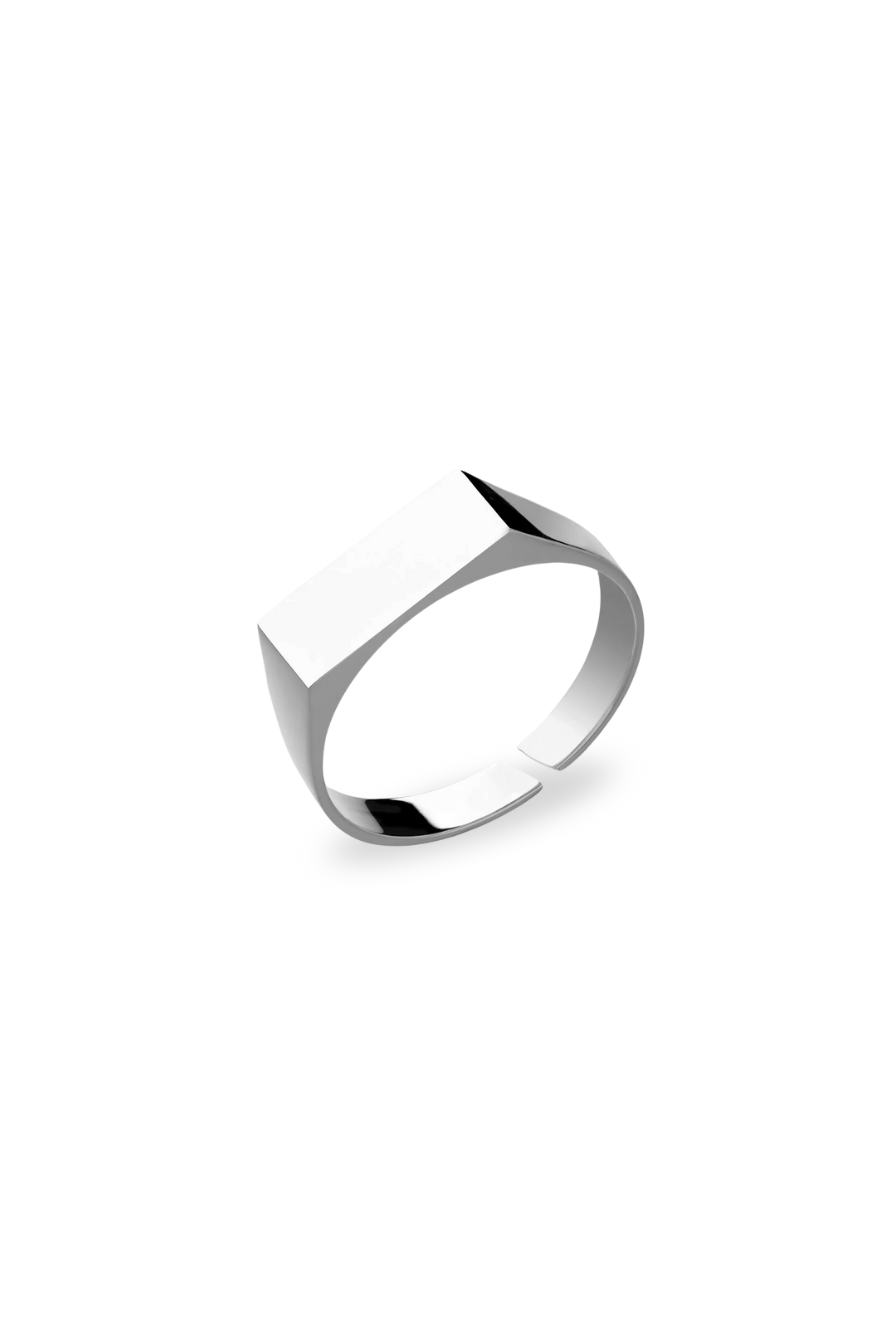 Rectangular Signet Ring, Platinum-Plated Steel, Adjustable