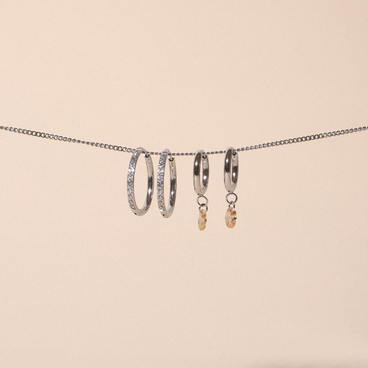 Oval Rose-Tone Stone Drop Hoop Earrings
