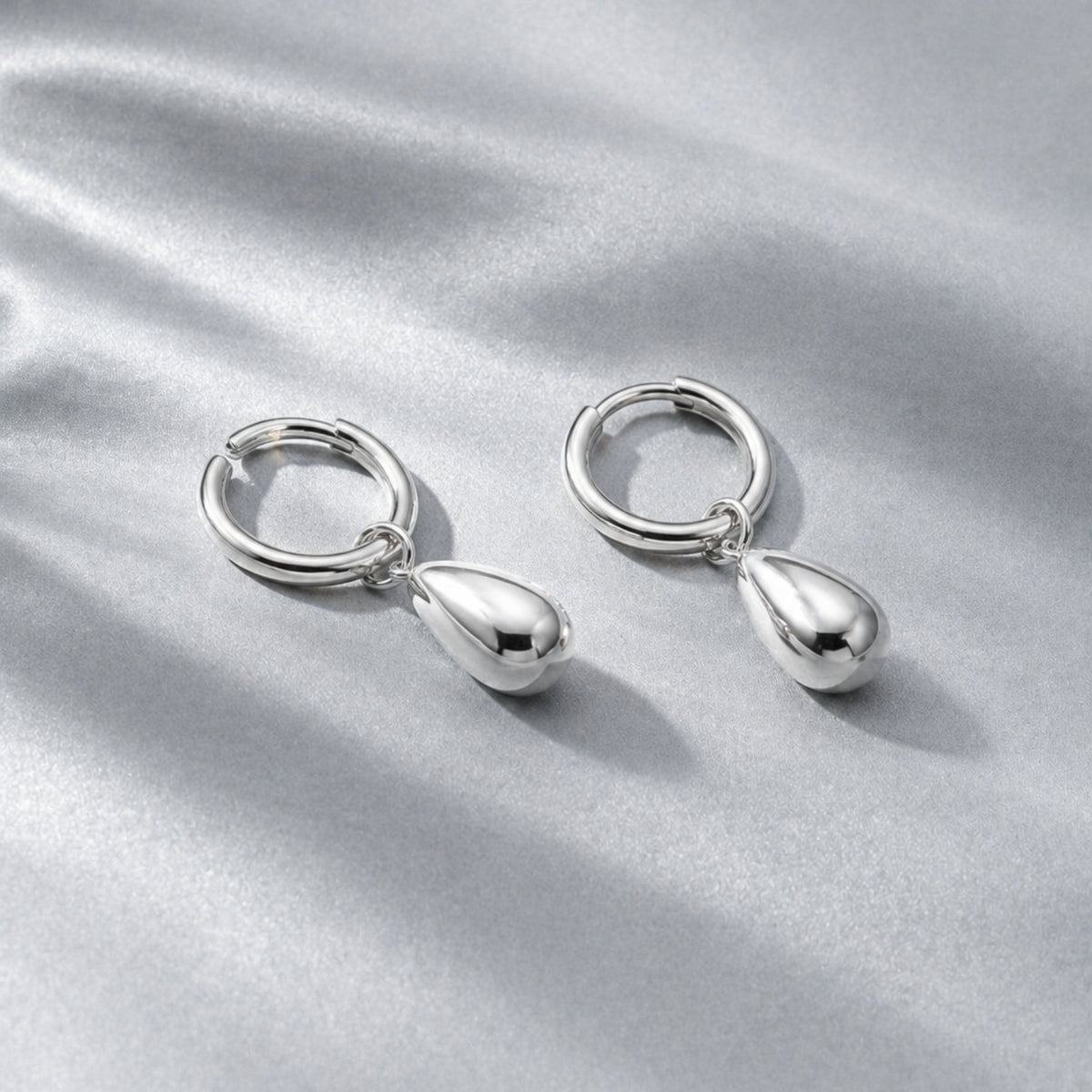 Teardrop Charm Huggie Hoop Earrings, Steel