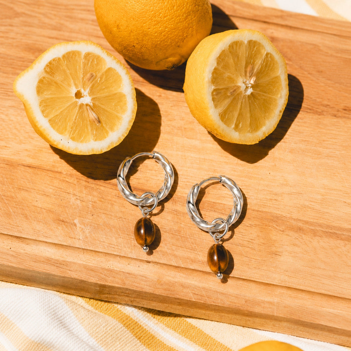 Oval Tiger Eye Drop Huggie Hoop Earrings