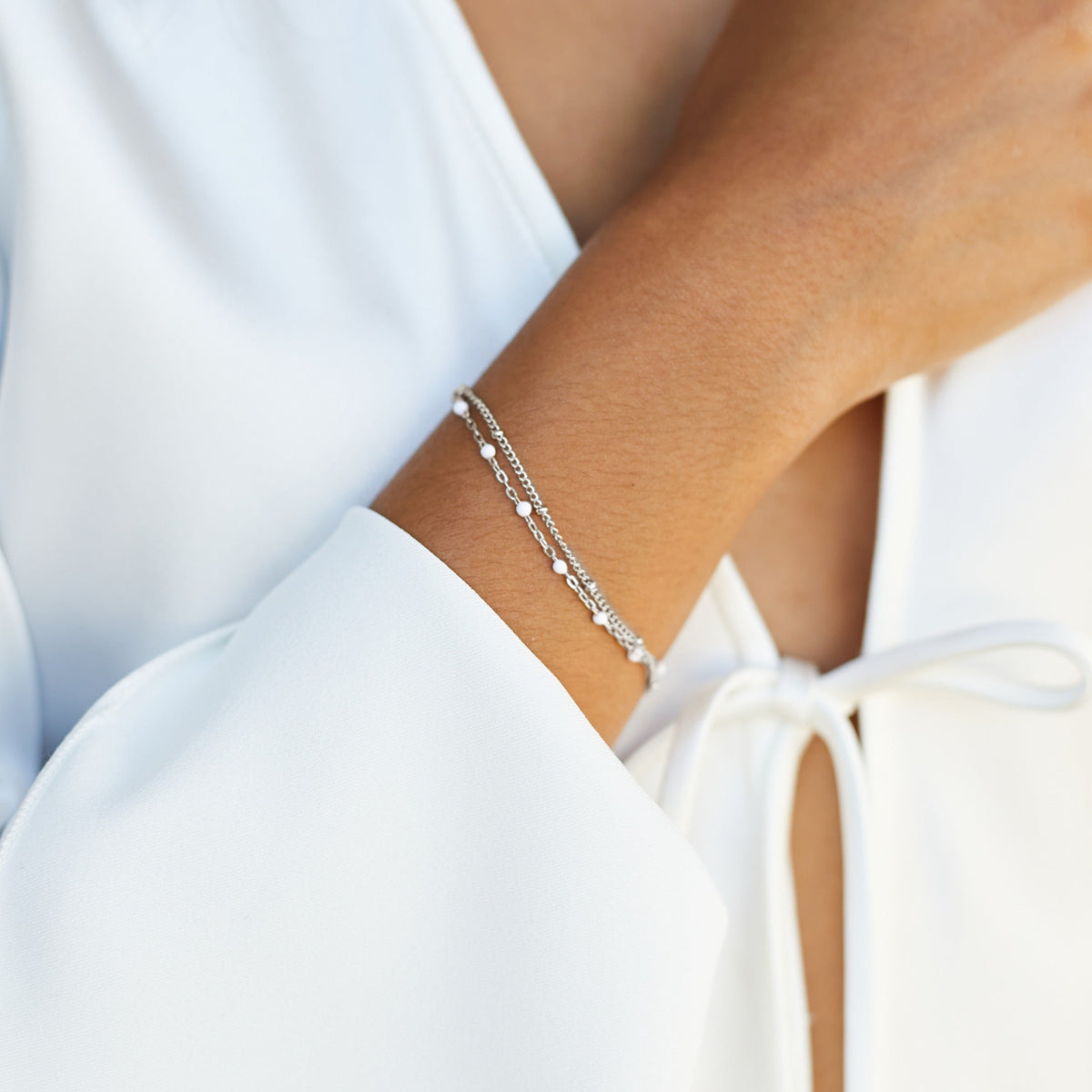 White Enamel Double Chain Bracelet, 16 cm