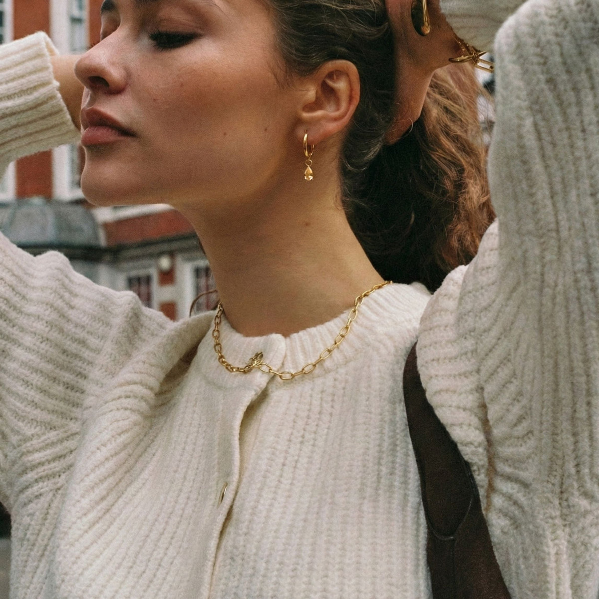 Oval Rose-Tone Stone Drop Hoop Earrings