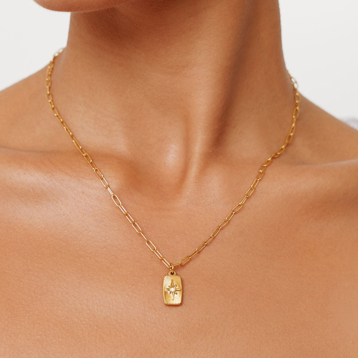 Zircon North Star Pendant Necklace, Steel
