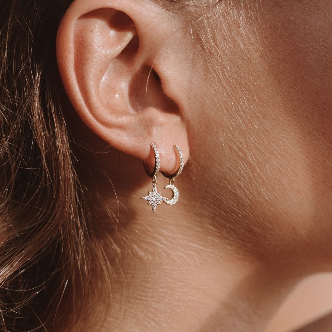 Moon and Star CZ Hoop Earrings — Summer Night