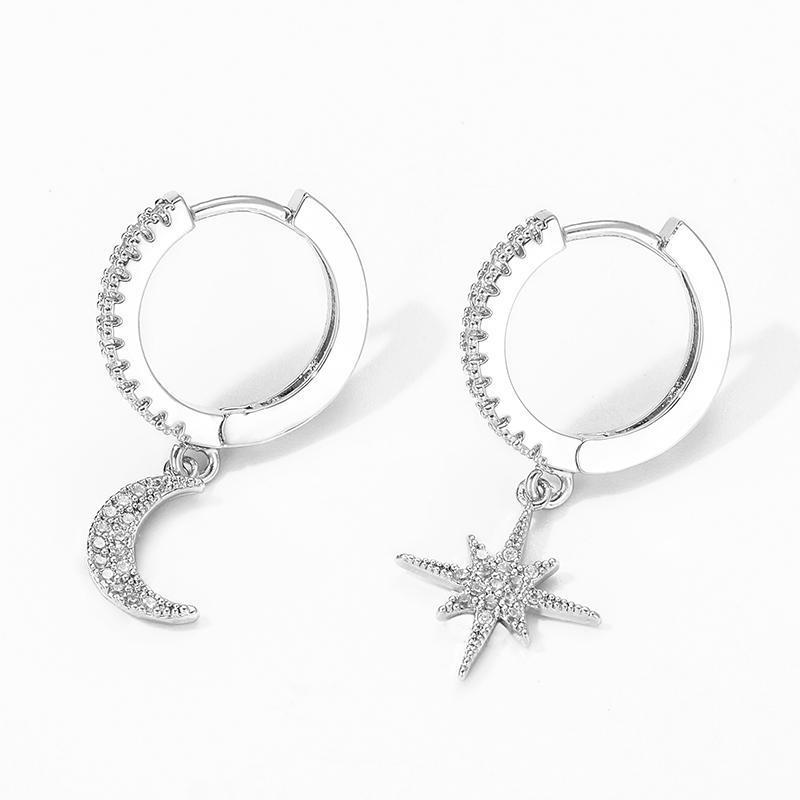 Moon and Star CZ Hoop Earrings — Summer Night