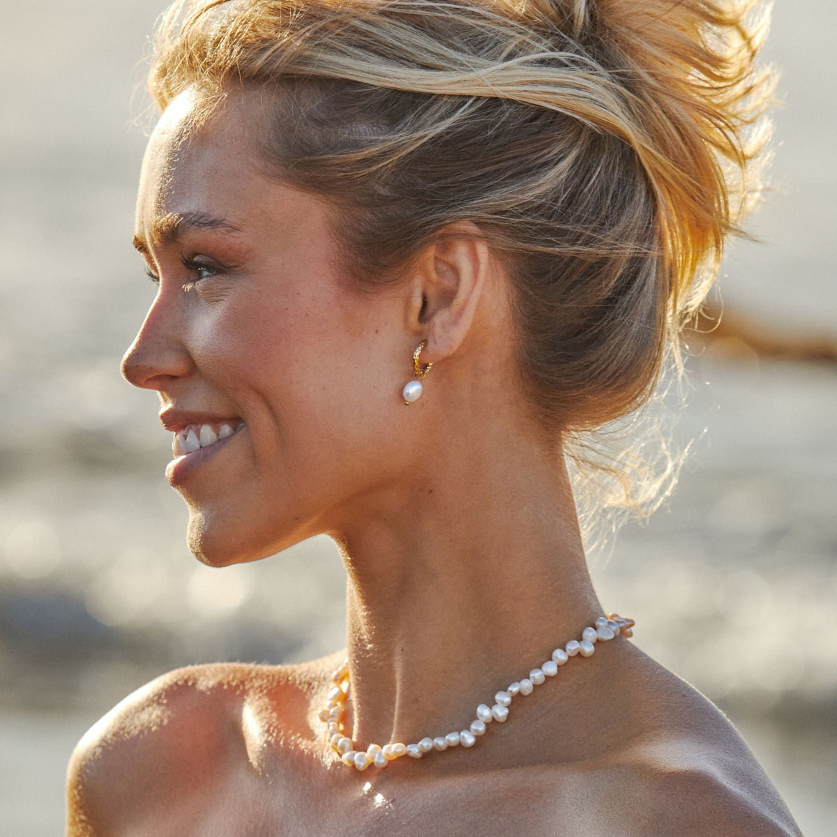 Hammered Pearl Hoop Earrings, 12 mm