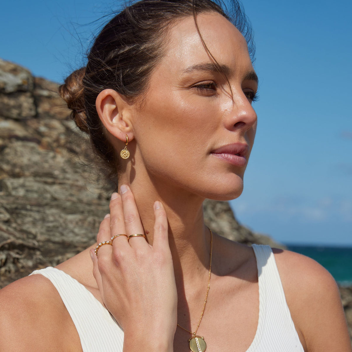 Sun Disc Charm Hoop Earrings, 8 mm