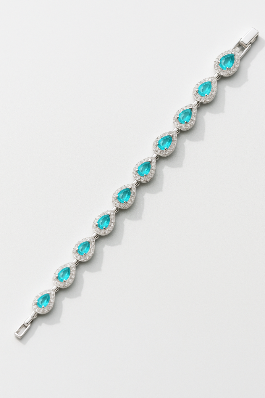 Turquoise-Color Zirconia Teardrop Bracelet, Silver-Tone