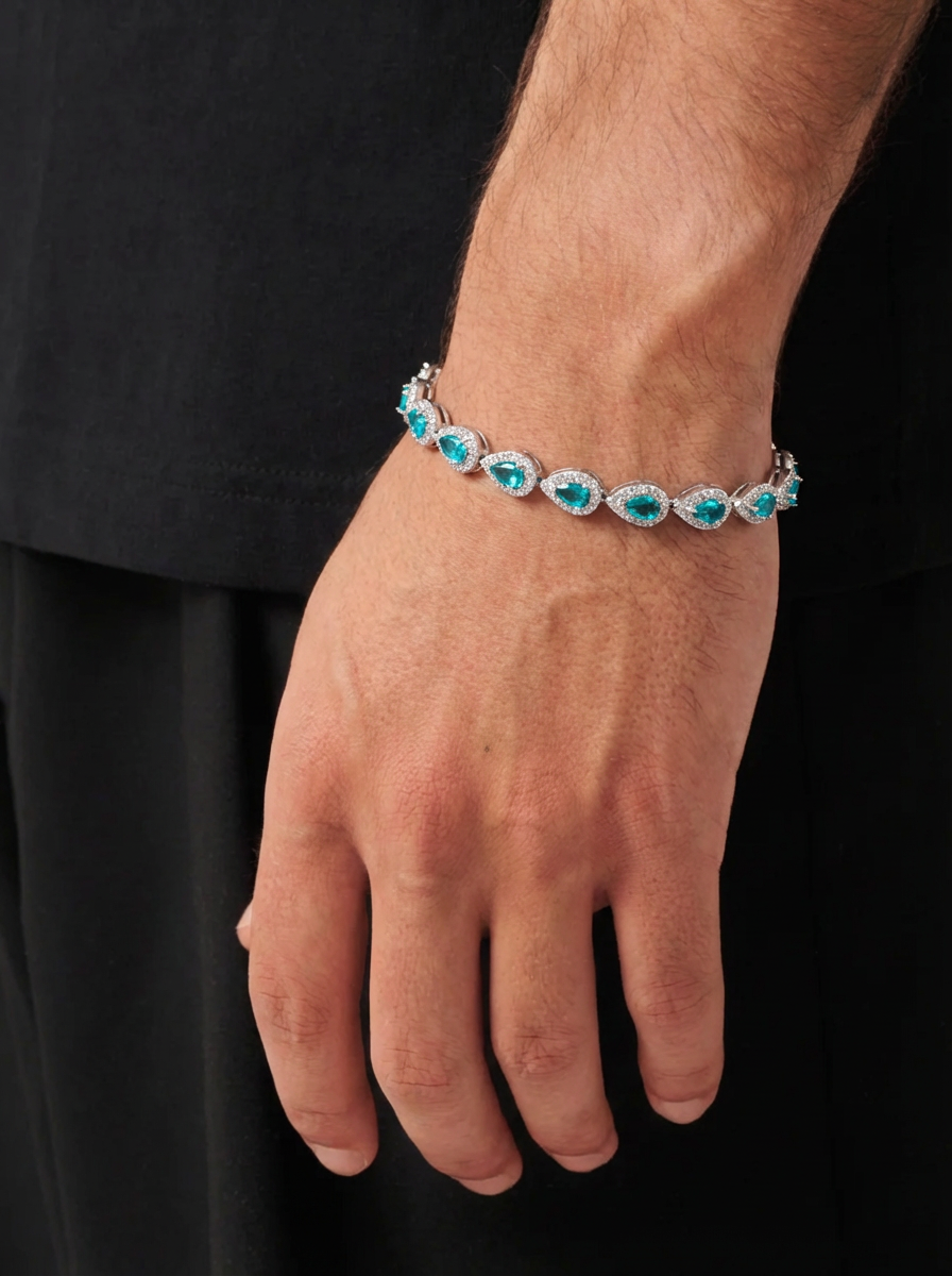 Turquoise-Color Zirconia Teardrop Bracelet, Silver-Tone