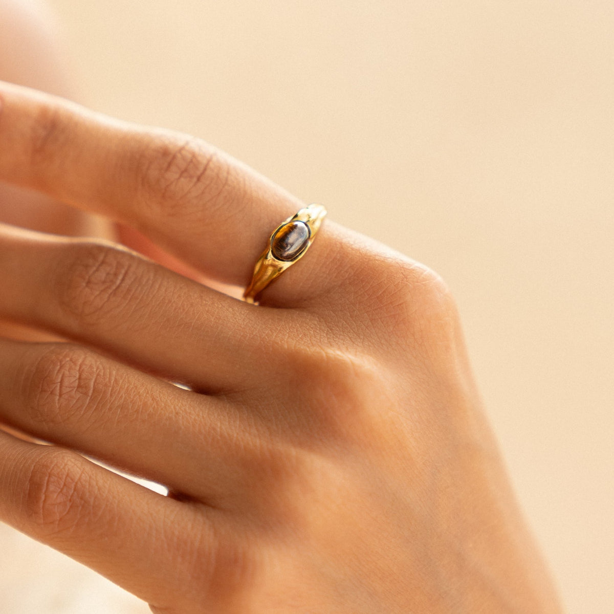 Oval Tiger Eye Ring, Sculpted Steel Band