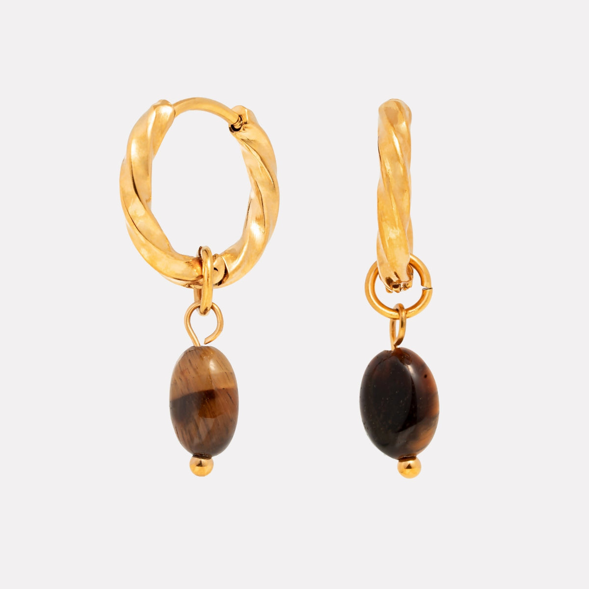 Oval Tiger Eye Drop Huggie Hoop Earrings
