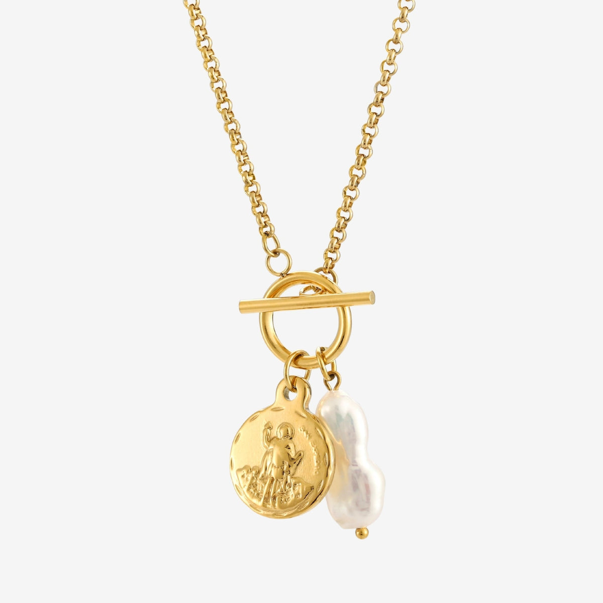 Coin and Freshwater Pearl Necklace, 18K Gold PVD Steel