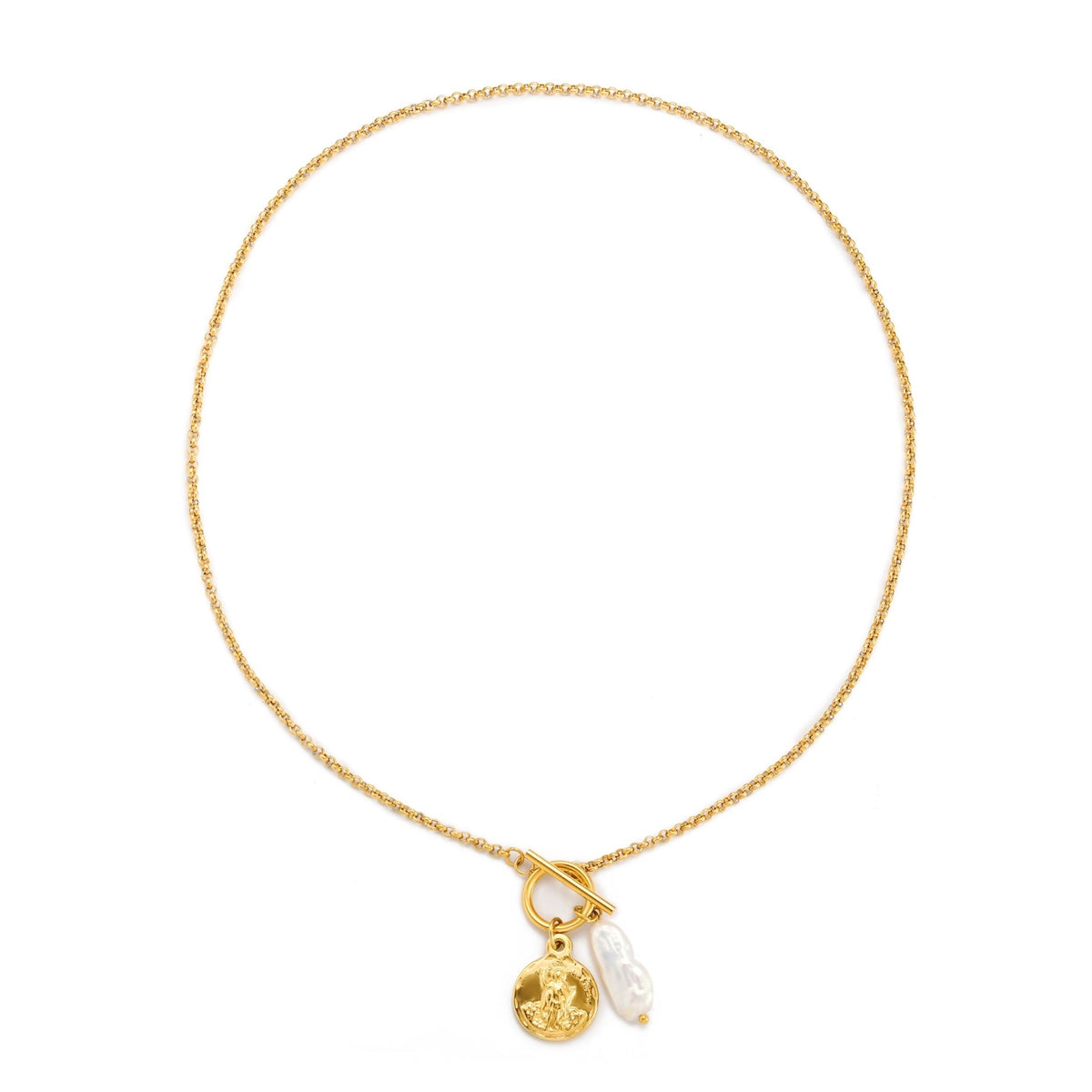 Coin and Freshwater Pearl Necklace, 18K Gold PVD Steel