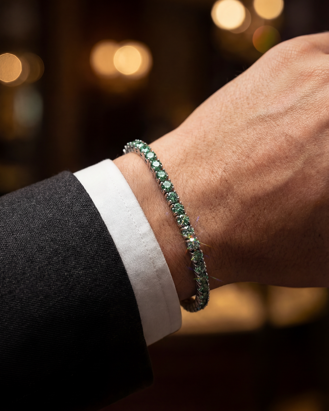 Men’s Green Moissanite Tennis Bracelet, 4 mm, 925 Silver — Verdant Éclat