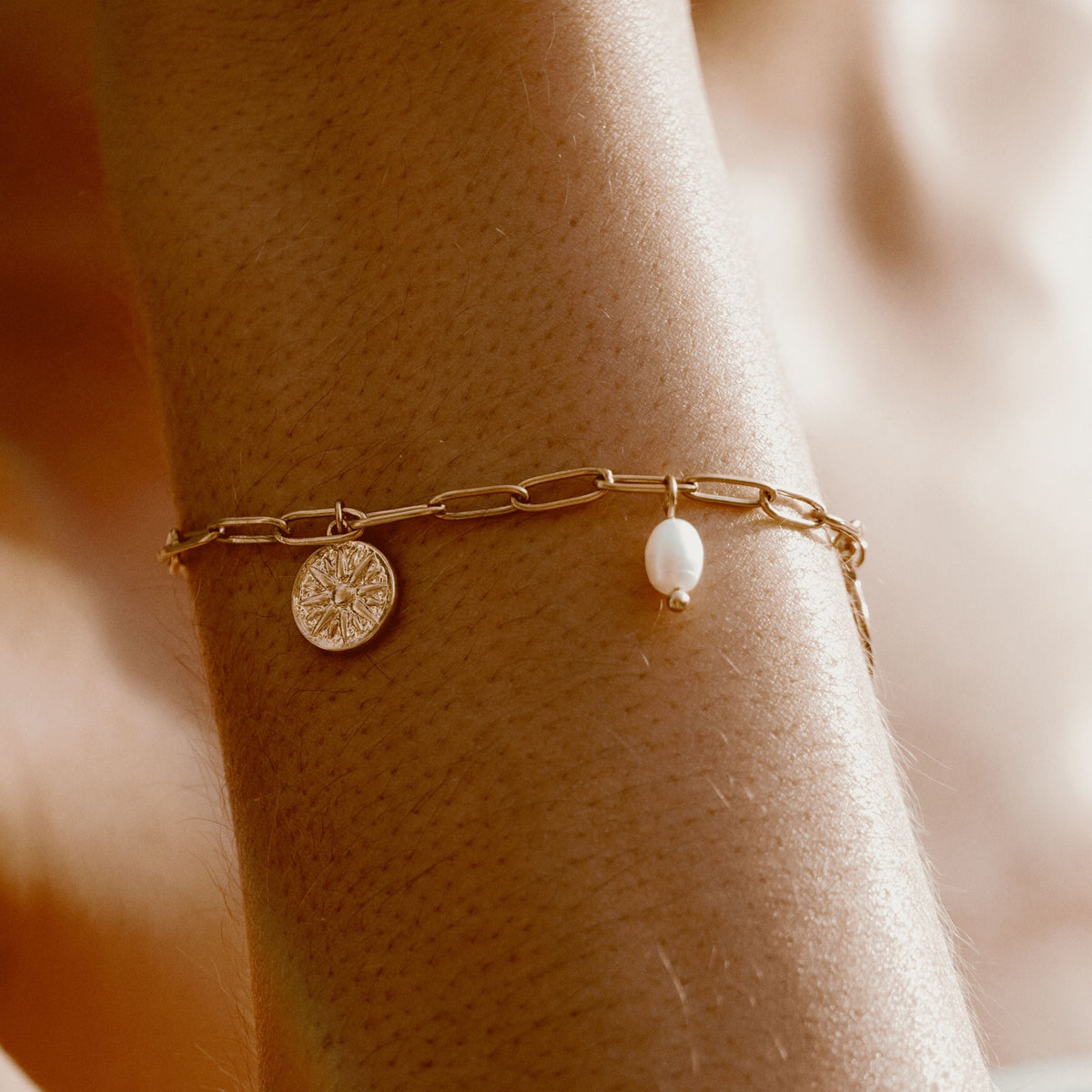 Sun Charm and Freshwater Pearl Paperclip Bracelet