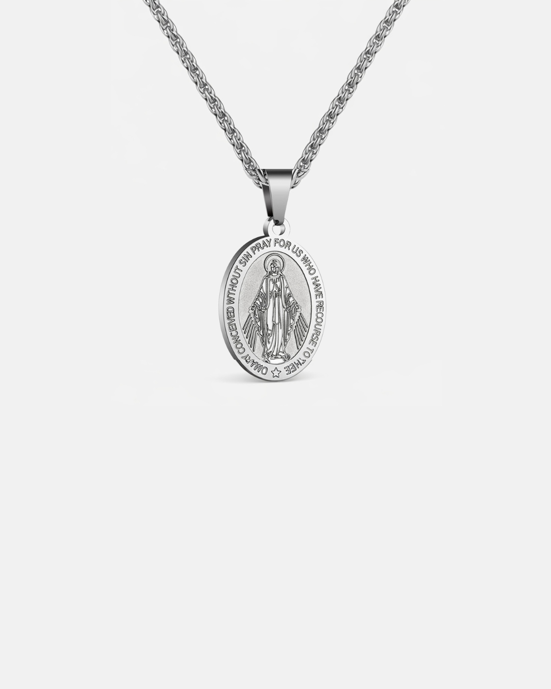 Virgin Mary Medallion Necklace, Silver-Plated Steel