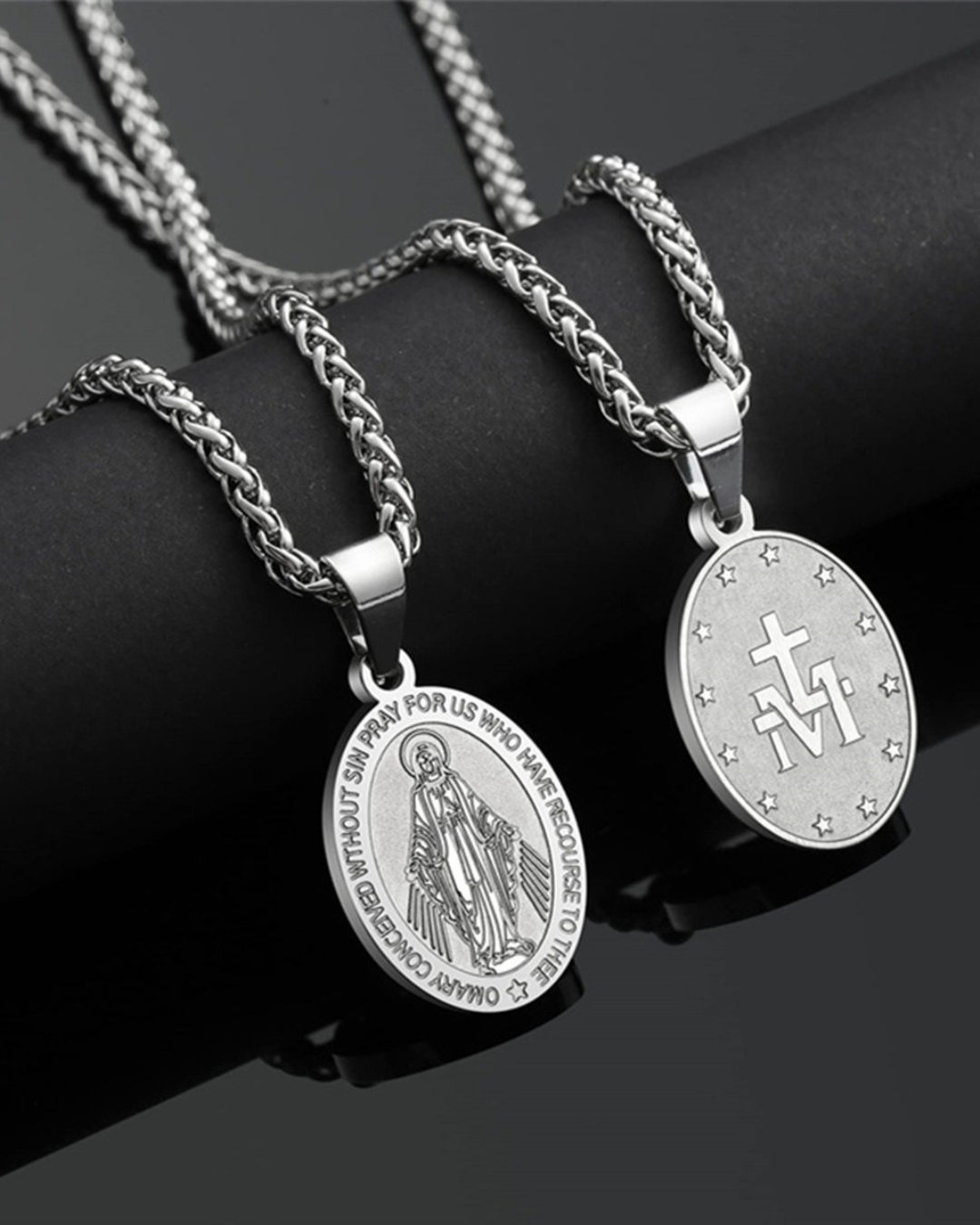 Virgin Mary Medallion Necklace, Silver-Plated Steel